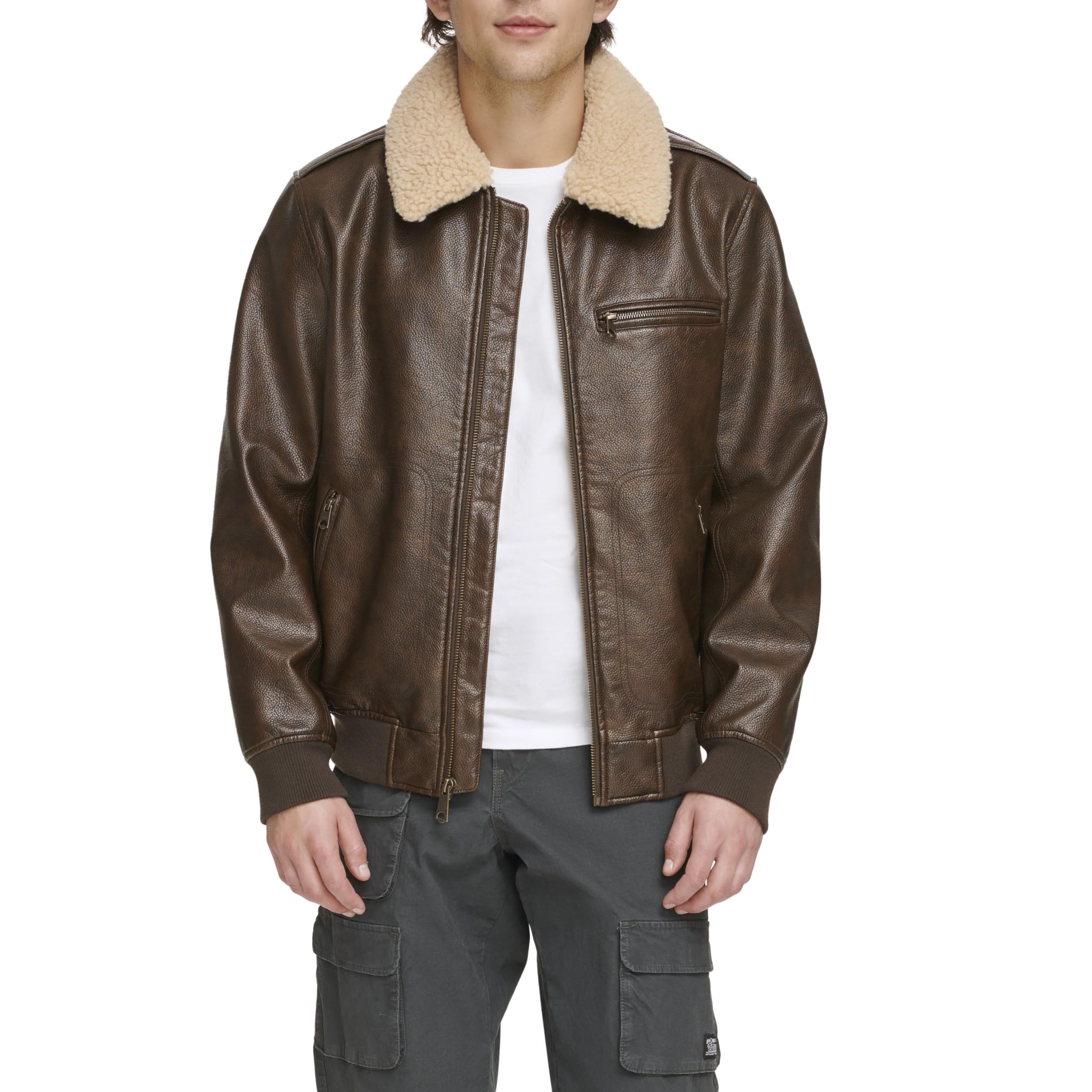 Levi's mens Levi's Men's Faux Leather Aviator Bomber Jacket With Sherpa Collar