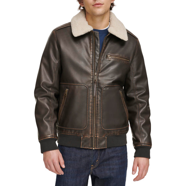 Levi's mens Levi's Men's Faux Leather Aviator Bomber Jacket With Sherpa Collar