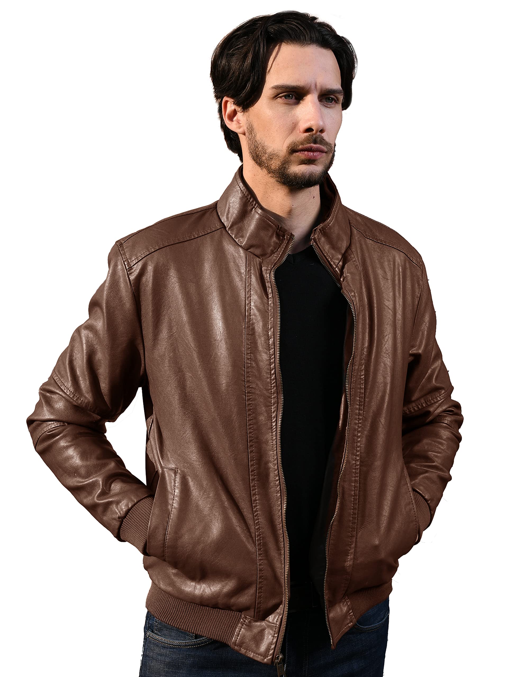 Men's Genuine Leather Jacket Slim Fit Motorcyle Coat Brown