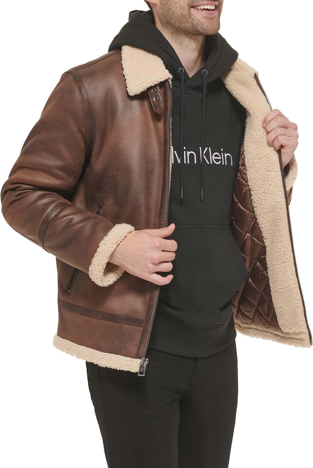 Calvin Klein Mens Faux Leather Jacket Men - Bomber Jacket With Shearling Lining