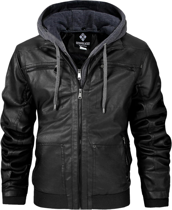 Men's Genuine Leather Jacket with Removable Hood