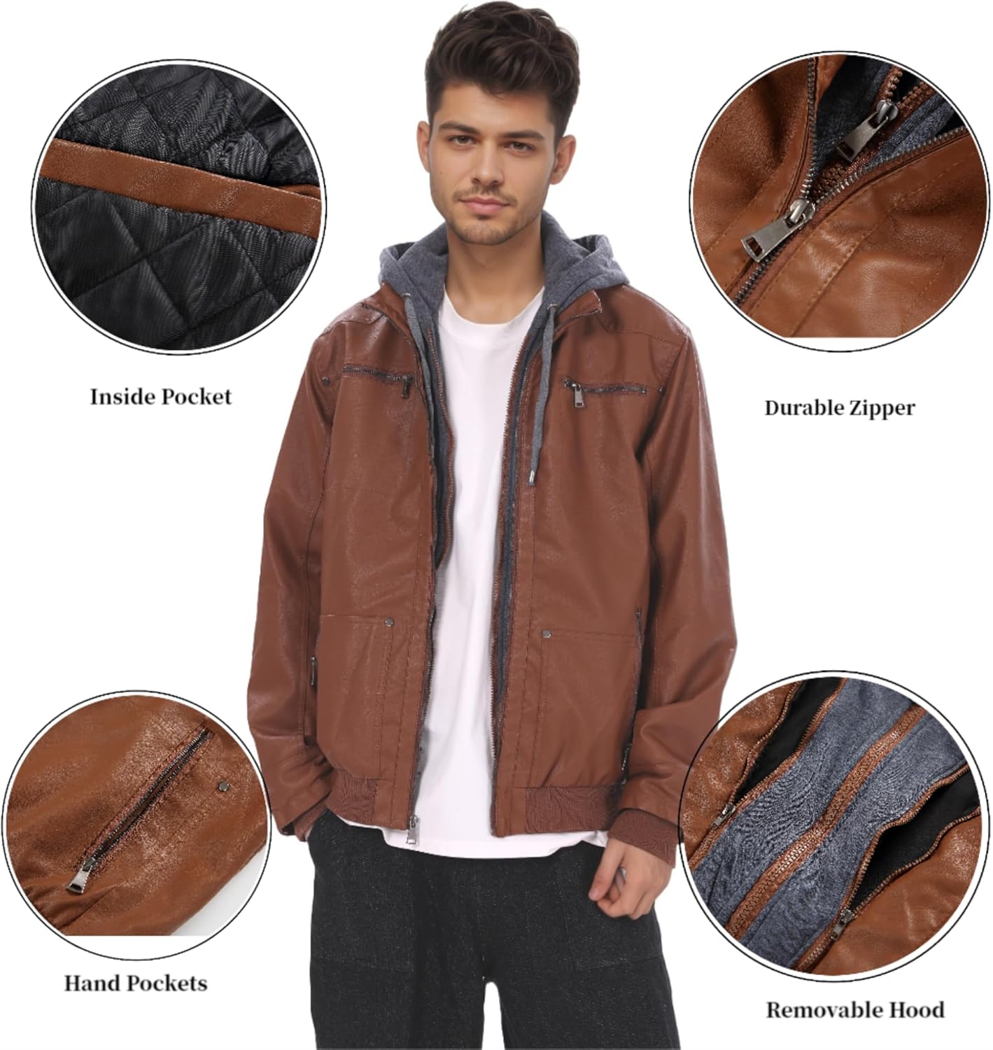 Men's Genuine Leather Jacket with Removable Hood