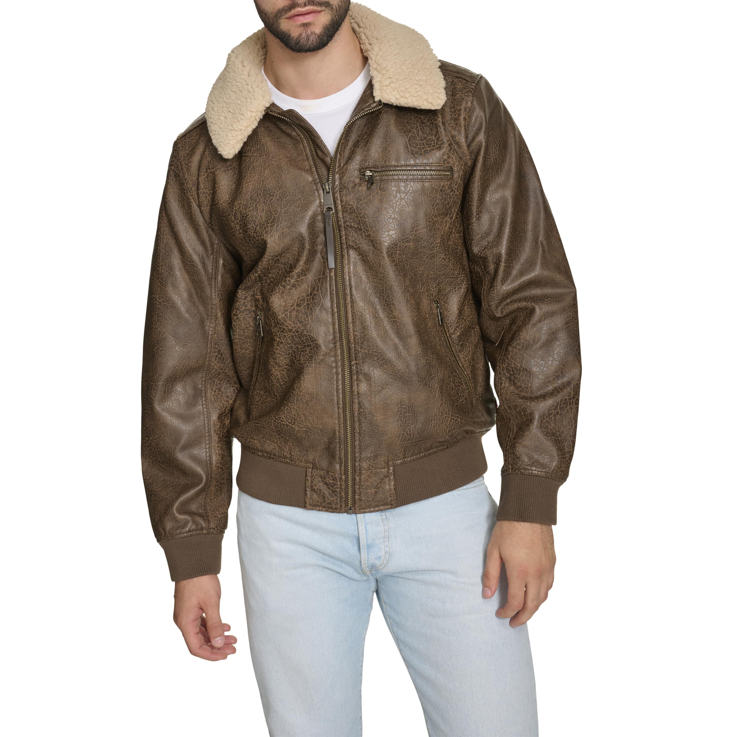 Levi's mens Levi's Men's Faux Leather Aviator Bomber Jacket With Sherpa Collar