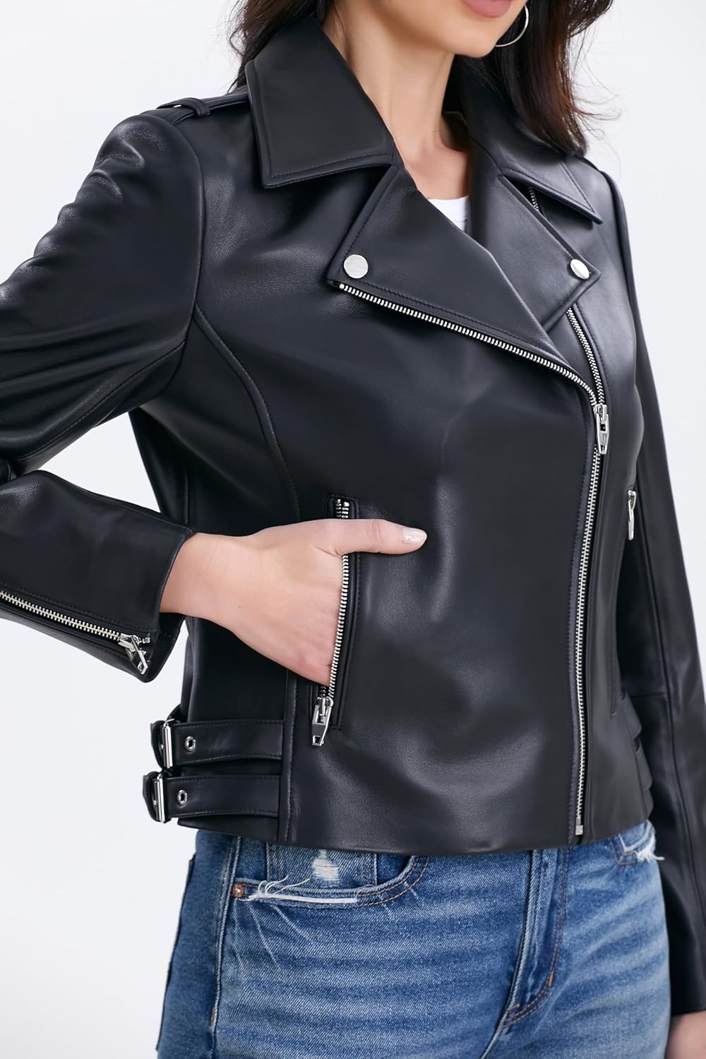 Lambskin Leather Jacket Women,Motorcycle Jacket,Asymmetrical Zip Style,Buckle Belts,Quilted Details