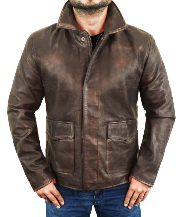 Brown Leather Jacket Men - Vintage Collar Distressed Style Mens Leather Motorcycle Jacket