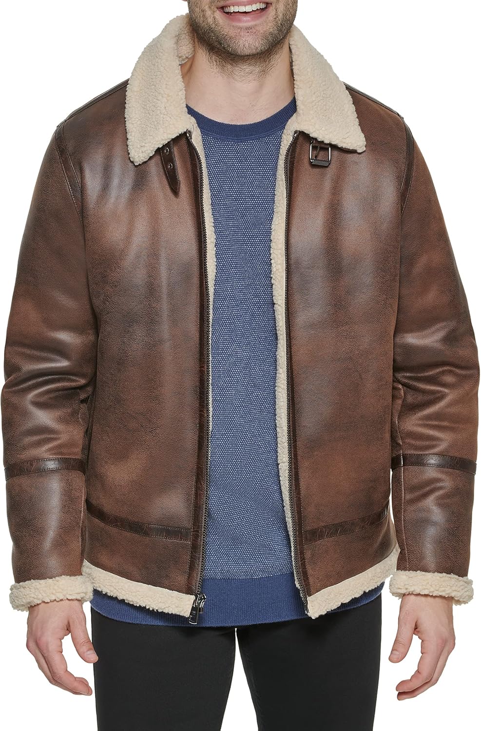 Calvin Klein Mens Faux Leather Jacket Men - Bomber Jacket With Shearling Lining