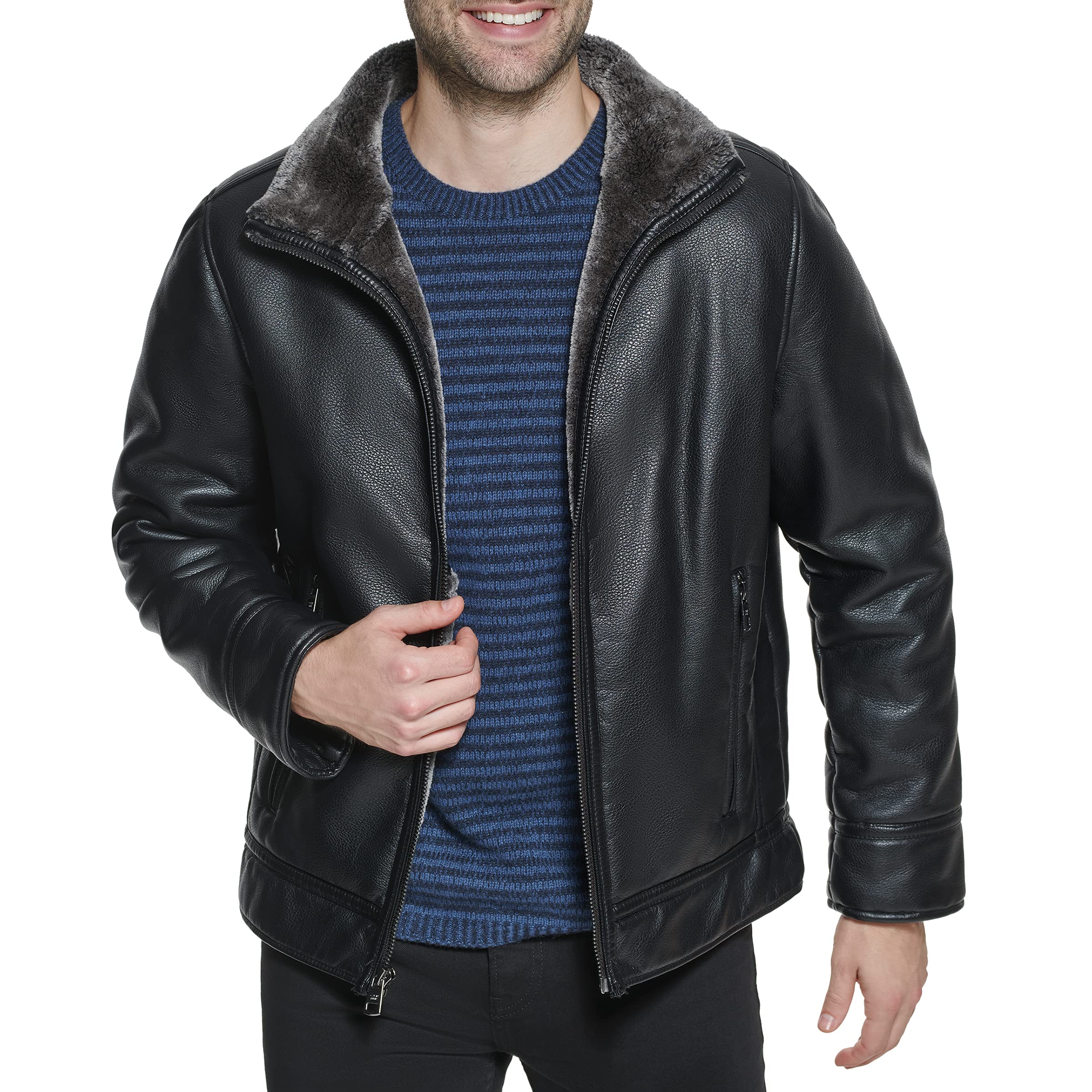 Calvin Klein Mens Faux Leather Jacket Men - Bomber Jacket With Shearling Lining