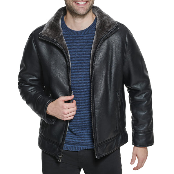Calvin Klein Mens Faux Leather Jacket Men - Bomber Jacket With Shearling Lining