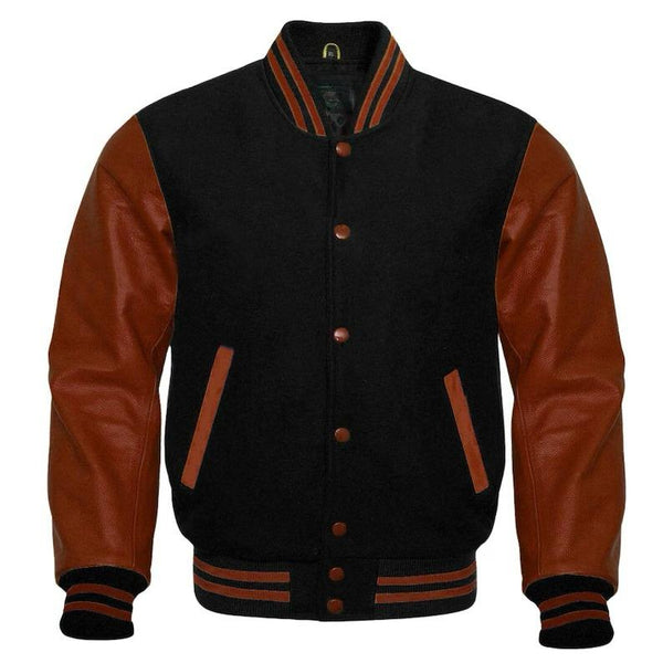 Black Wool and Brown Leather Varsity Jacket